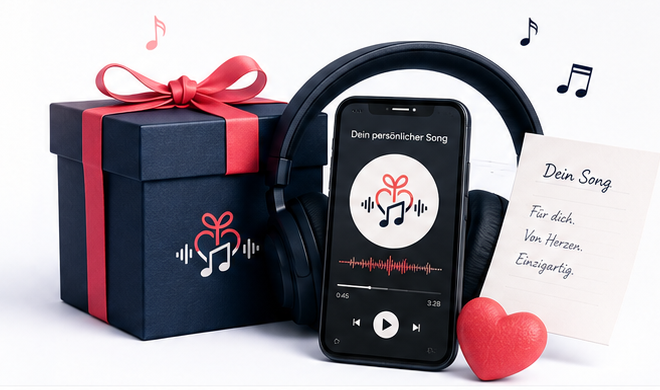 songschenken.ch Geschenk, Kopfhoerer, Songkarte und Markenlogo