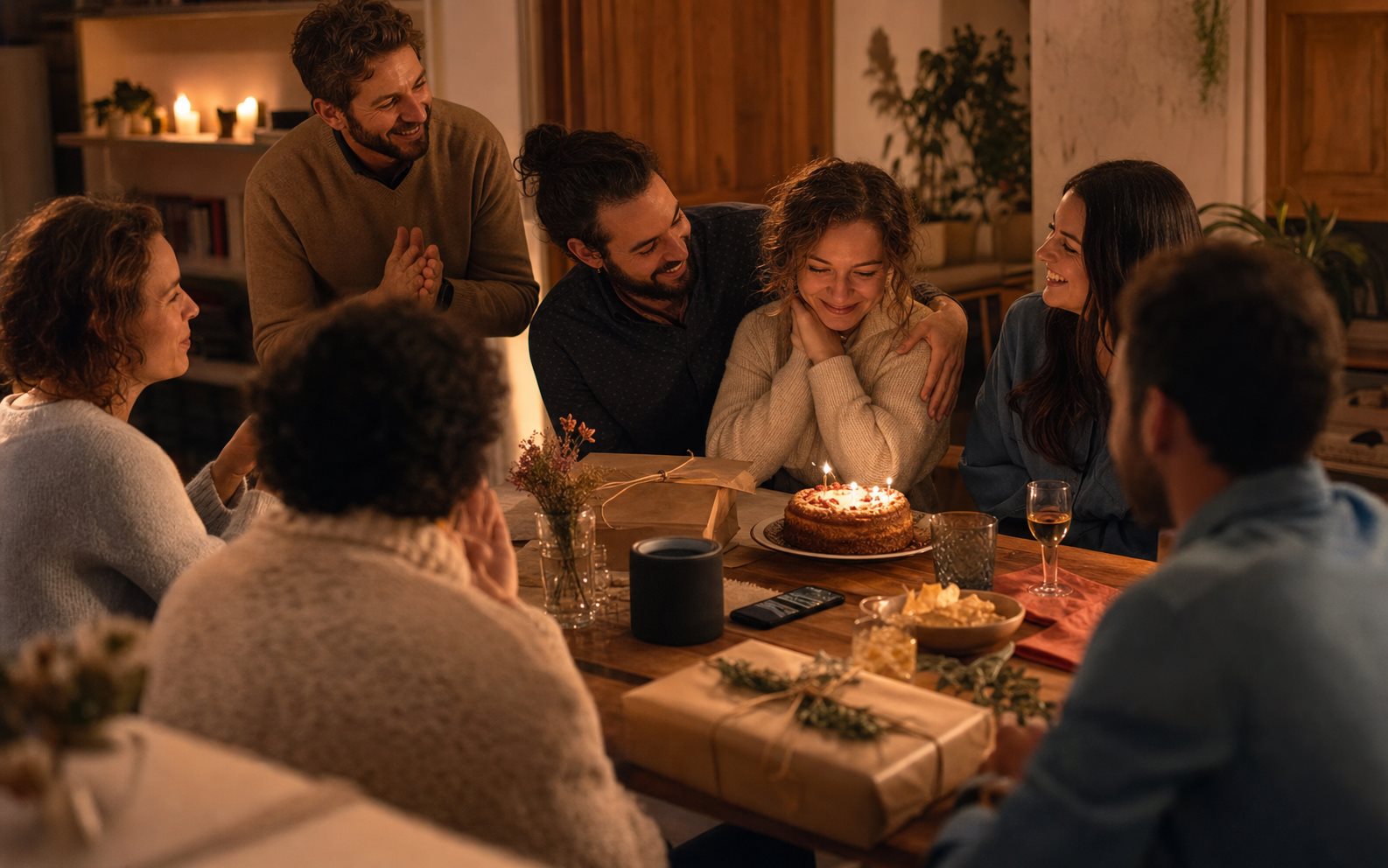 Freunde feiern und hoeren einen Geburtstagssong